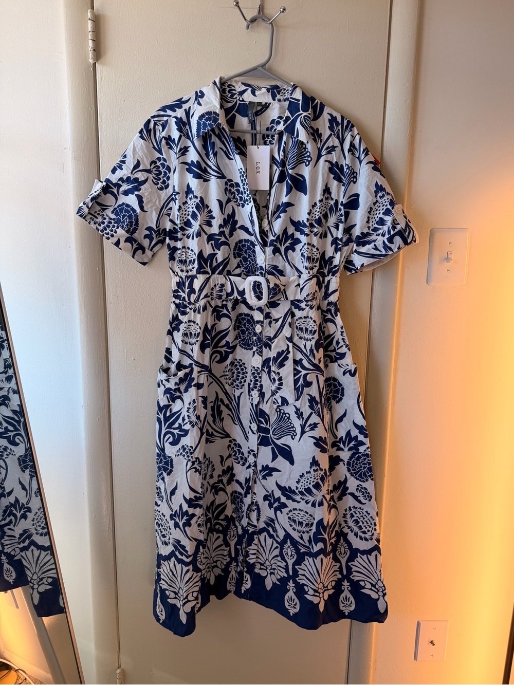 NWT L.O.V. Westside Cobalt Blue Floral Belted Midi Shirt Dress L